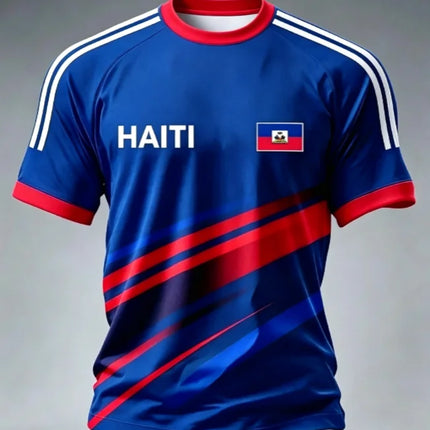 2026 New Haiti Blue Football Jersey Men's Crew Neck Sportswear with "HAITI" Text & Flag Print Casual & Training Tops Tees