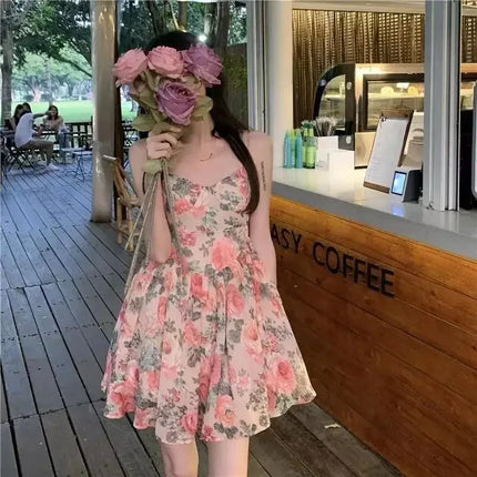 Elegant High-waisted Slimming Floral Tank Dress For Women Spring Summer French Style Petite Mini Dress A- line Sleeveless