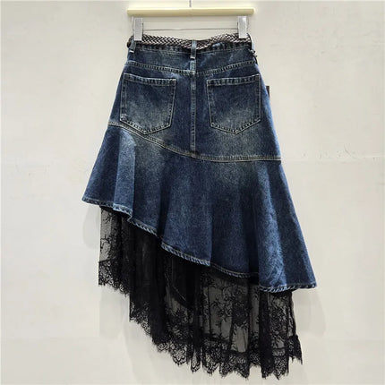 Denim Skirt Women Asymmetrical Skirts Patchwork Lace Vintage High Waist Belt Washed Distressed Streetwear Spring Summer 2026