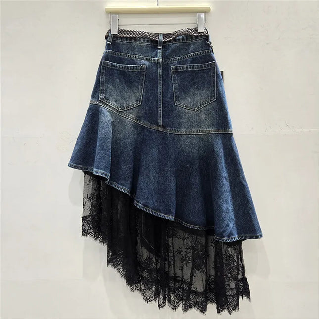 Jeansrock Damen Asymmetrische Röcke Patchwork Spitze Vintage Hohe Taille Gürtel Gewaschen Distressed Streetwear Frühling Sommer 2026