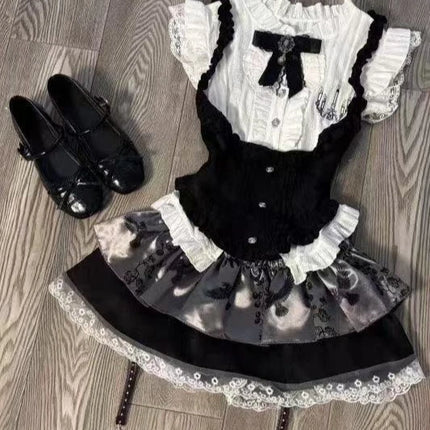 Japanese Cute Slim Women Party Dress Ruffled Lace Chic Bow Long Sleeve Kawaii Sweet Style Set Lightweight Trendy Female Design