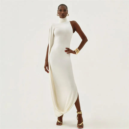 Elegant Split Turtleneck Sexy Maxi Dress Women Gown One-shoulder High Waist Bodycon Solid Fashion Club Party Long Dress 2626 New