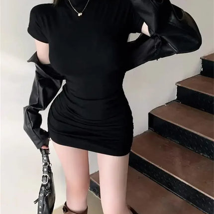 Sexy Tight Half High Collar Pleated Waist Mini Dress Spicy Girls Slim Dresses Bodycon Cortos Party Clothing