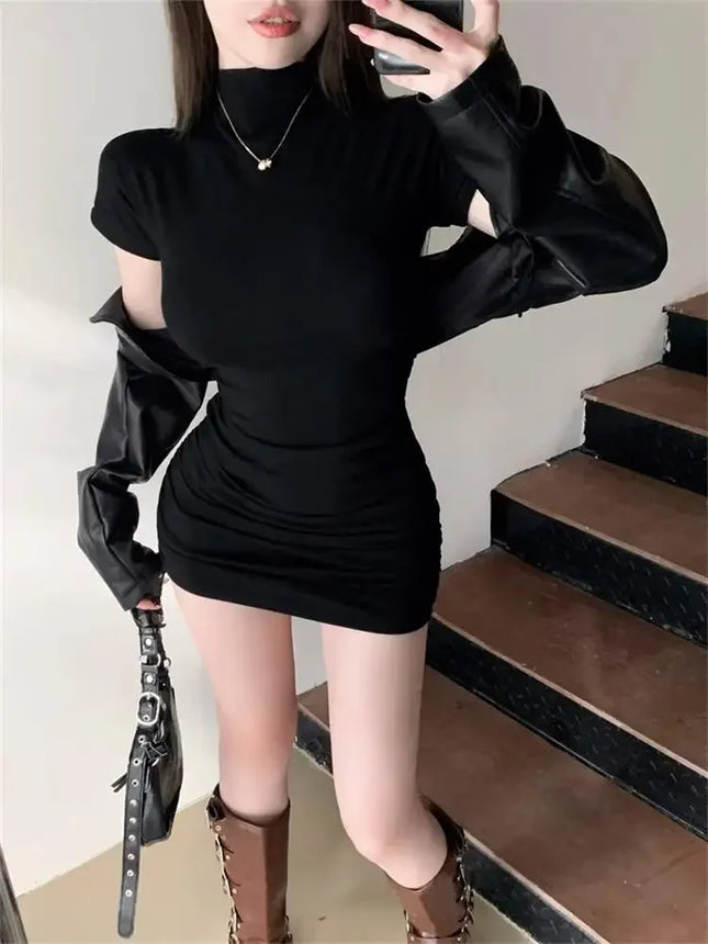 Sexy Tight Half High Collar Pleated Waist Mini Dress Spicy Girls Slim Dresses Bodycon Cortos Party Clothing