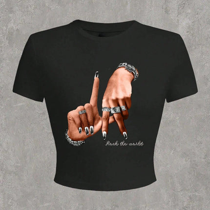 2026 Summer Casual Minimalist LA Hand Sign Hip Hop Print Short Sleeve Women's T-shirt Crop Top Tee Y2k Ladies Clothes Female Tee