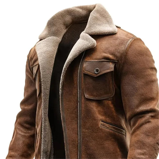 2026 Herren-Jacke aus PU-Leder-Patchwork mit Reißverschluss, Herbst-Winter, Fleece, warme Outdoor-Jacke, lässige Cowboy-Oberbekleidung, braune Streetwear