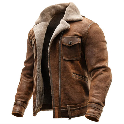 2026 Men's PU Leather Patchwork Zipper Jacket Autumn Winter Fleece Warm Outdoor Coat Casual Cowboy Outerwear Brown Streetwear