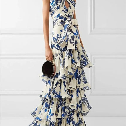 Elegant Women's Printed Vestidos Sleeveless Neck-mounted Female Formal Wear Aesthetic Layered Ruffled Hem Evening Party Dresses