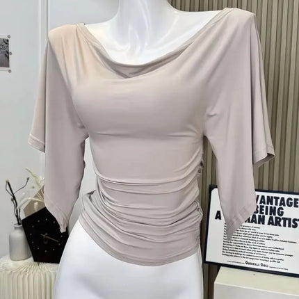 Sexy Summer Off Shoulder T shirt Women Elegant Batwing Short sleeve Cowl Neck Tops Korean Chic Tight Tshirt Lady Tees 2025 New