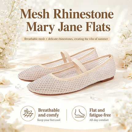 Cream mesh Mary Jane flats with sparkling embellishments and a single strap