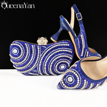 Queena Yan Nigerian Heel Party for Women Silver Color Shoes and Bag Set Rhinestone Handbag Italian Design Wedding INS 2025