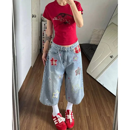 Women's Pants Baggy Cropped Denim Jeans Vintage Star Patch Loose Fit High Rise Casual Summer Style