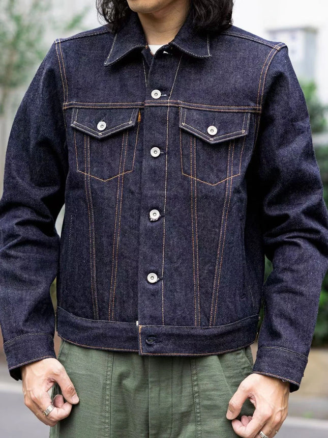 Red Tornado 21oz Typ 3 Truckerjacke in Indigo Robuster Stil Herren Raw Selvage Denim Oberbekleidung vorgewaschen
