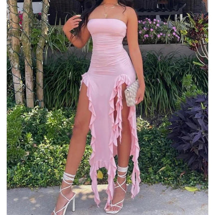 Strapless Sexy Floral Fold Hemline High Slit Mini Dress Solid Backless Sleeveless Black And Pink Party Dress