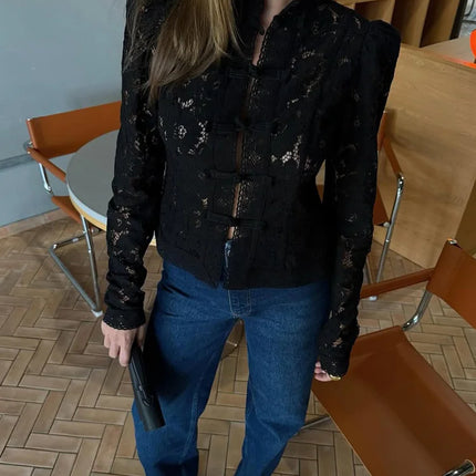 Summer Lace Printed Shirts Tops Hollow Out Commute Vintage See-Through Blouse Lace Shrug Shirts
