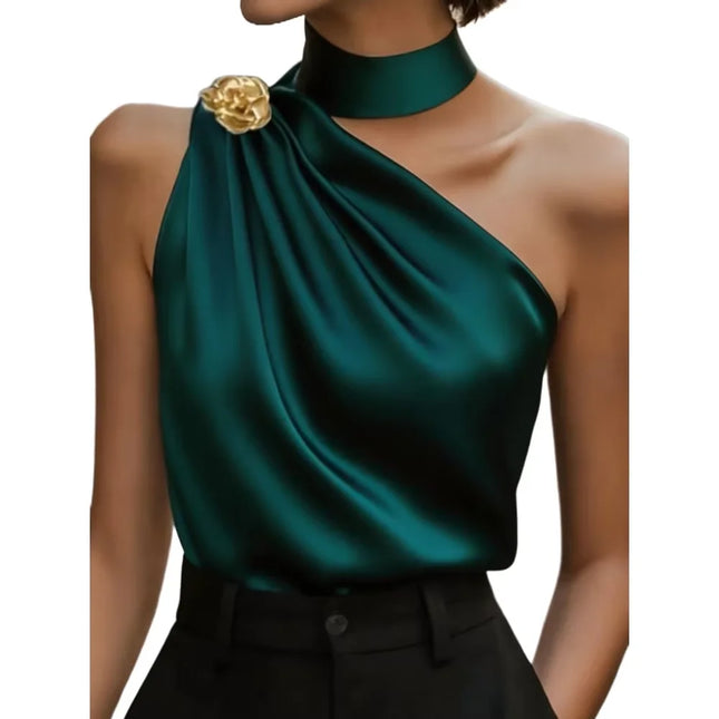 Chic Halter One Shoulder Satin Draped Dark Green Blouse, Sleeveless Top For Party & Office Women - product image 6