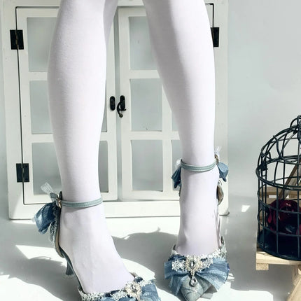 lolita Women heels Wedding designer shoes White shoes cute shoesBlue Pointed-Toe Slip-On Bow Handmade High Heels