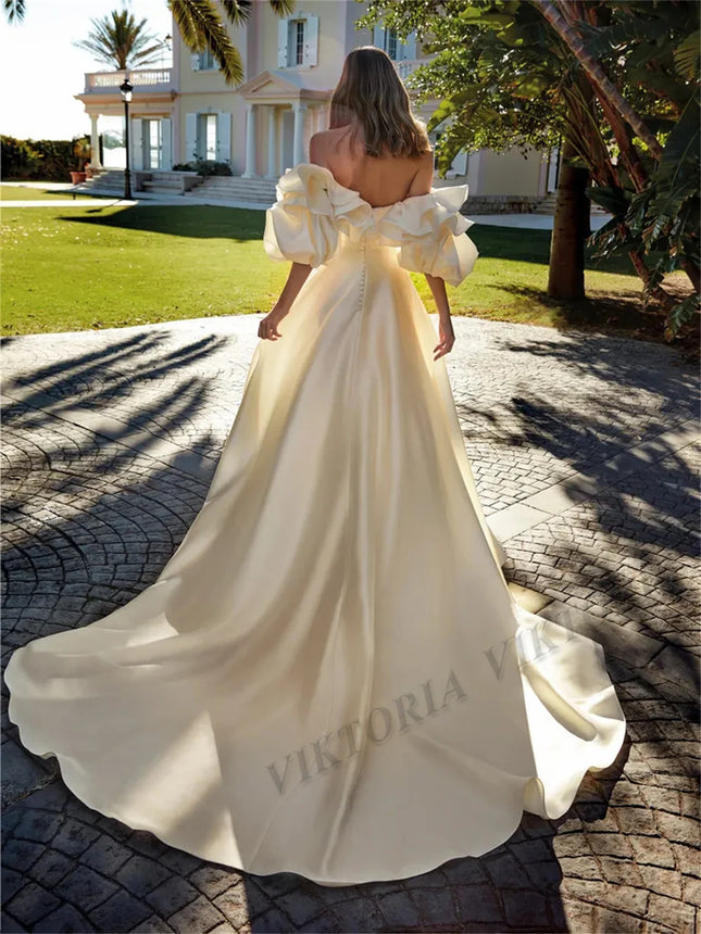 VIKTORIA Romantische Falten Brautkleider für die Braut schulterfrei Satin A-Linie Vestido De Casamento Personalisiert Maßgeschneidert