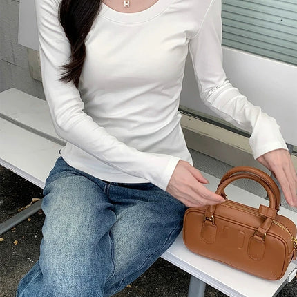 U Neck Long Sleeve T-Shirt Autumn Winter Cotton Slim Casual Top Basic Solid Bottom Shirts Korean