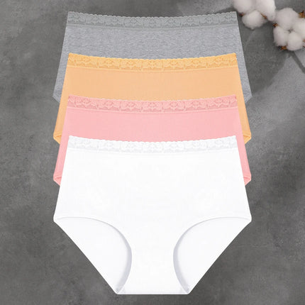 FINETOO 4Pc Women Cotton Lace Floral Briefs Underwear Seamless High Waist Elastic Breathable Panties Female Solid Color Lingerie