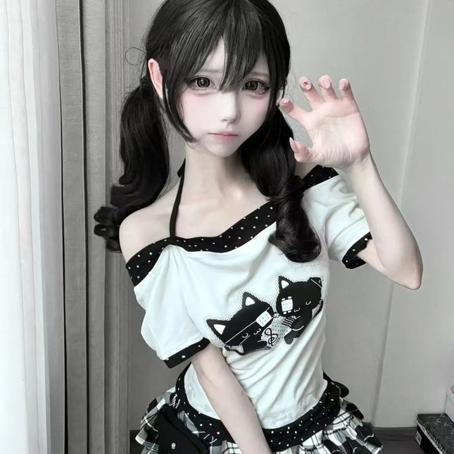 Japanisches Süßes Kawaii Cartoon Tupfen T-Shirt Frauen Locker Lässiger Kontrastfarbener Süßer Grafikdruck Tees Y2k Ästhetik Tops Neu