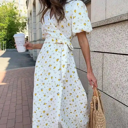 Summer Women Psrinted Dress Lace Up Short Sleeve Fashion Office Lady Long Dress 100% Cotton Daily Casual V-neck Dress ZAM8
