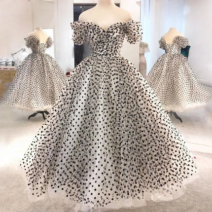 MD Vintage Princess Dot Tulle Prom Gown Off the Shoulder Tea Length Short Sleeves Formal Evening Party Gowns Customized 2026