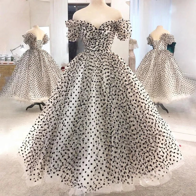 MD Vintage Prinzessin Tupfen Tüll Ballkleid schulterfrei Teelänge kurze Ärmel formelle Abendkleider maßgeschneidert 2026