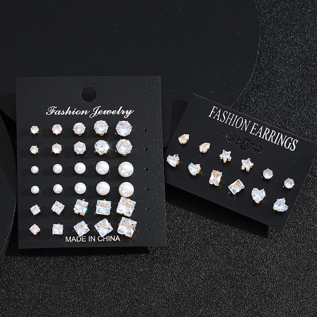 21 Pcs White Shiny Wedding Earrings Set For Women Men Fashion Vintage Crystal Star Heart Design Studs - product image 2