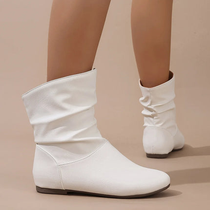 Short Boots Women's White New Pleated Women's Boots Flat Bottomed Versatile Woman Boots Large Size Woman Booties