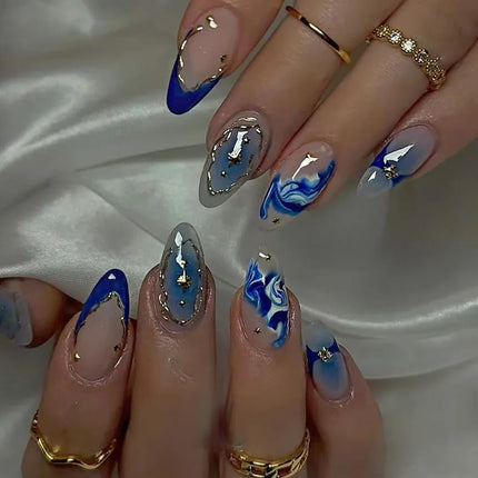 24pcs Almond False Nails Tips Summer Beach Colorful Nails Sets with Pearl Flower Design Press on Nails Art Wearable Fake Nail
