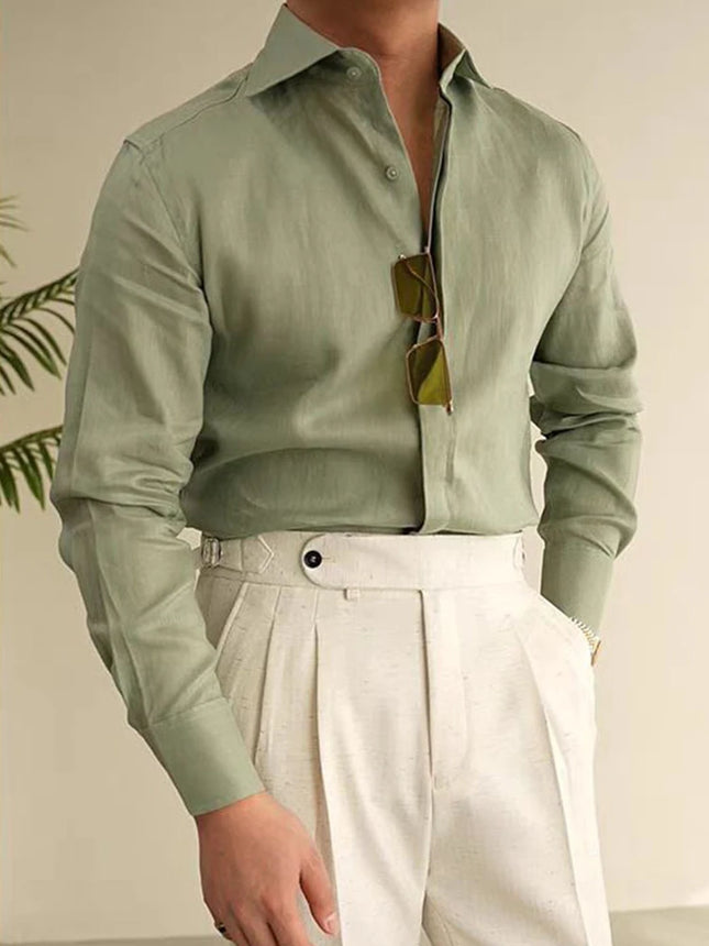 Tägliche Freizeit Herren Unifarbene Slim Shirts Vintage Knopfleiste Revers Langarm Leinenoberteile Herren Frühling Sommer Lässiges Atmungsaktives Hemd