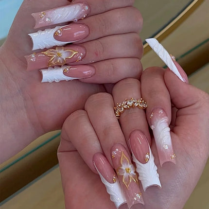24Pcs Brown Long Coffin False Nails Glitter Ballet Wearable with French Design Fake nails Full Press on Nail Ins Nail Tips Art