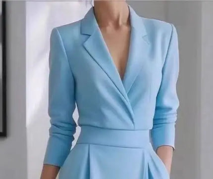 Elegant Suit Dress For Women Fashion Long Sleeve V Neck High Waist Dresses Robe Femme Casual Solid Office Women's Clothing New