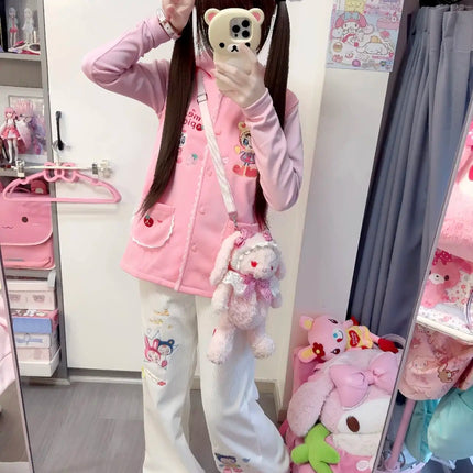 Japanese Sweet Cartoon Mp Jojifuku Pink Hooded Sleeveless Vest + Long-sleeved T-shirt + White Pants 3 Pcs Sets Women Y2k Suits