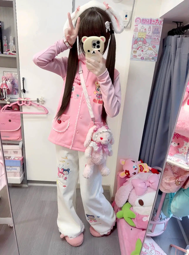 Japanische süße Cartoon Mp Jojifuku Rosa Kapuzenweste ärmellos + Langarmshirt + Weiße Hose 3-teiliges Set Damen Y2k Anzüge