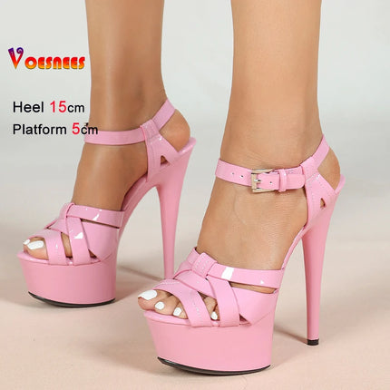 New Summer Pink Women Sandals Thin Heels 15cm Platform 5cm Cross Straps Ankle Buckle Round Toe Ladies Pumps Stiletto Party Shoes