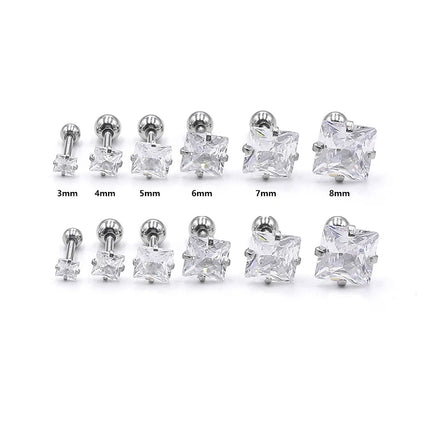 1 Pair 3/4/5/6/7/8mm Simple Shiny Stainless Steel Square Cubic Zirconia Square Stud Earrings for Men Women Ear Accessories Gift