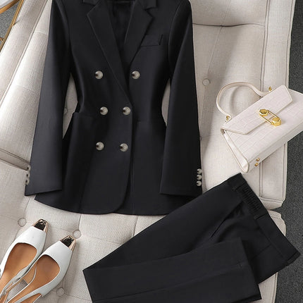 Women's Double-Breasted Slim-Fit Blazer Set | High-End Professional Commuter Outfit for Spring & Autumn