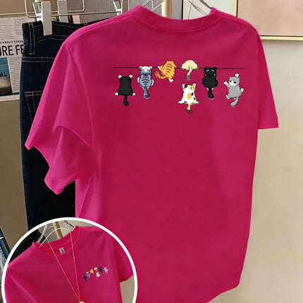 Cartoons Cats Prints T-Shirts Summer Womens Cotton T Shirts Basic O-Neck Oversized Short Sleeve Tops Casual Street Woman Clothes