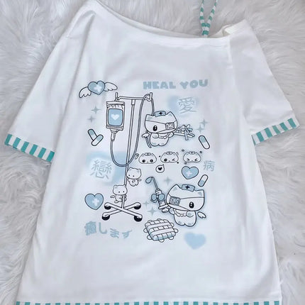Japanese Harajuku Sweet Graphic T Shirts Women Cat Print Summer Off shoulder Top Short-sleeve Oversize Tees Loose Casual T shirt