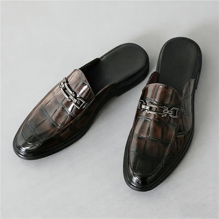 Summer Fashion New Men's Brown Half Slippers Metal Button Patent Leather Shoes Male Casual Mules Moccasins Breathable Loafers