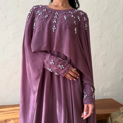 Customized A-Line Prom Dresses Floor-Length O-Neck Full Sleeve Evening Gown Fashion Stole Crystal SImple Draped Party Gown