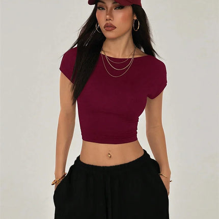 Sexy Backless Short Sleeve T Shirt Women Summer Grunge Y2K Clothes High Street Style Plain Black Crop Tee Top Streetwear 2024