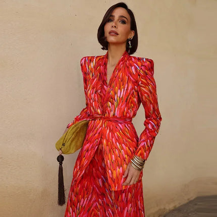 Street Women's Printed Lace Up Jackets Pants Sets Shoulder Pad Full Sleeve Coats Wide Leg Pants 2026 Summer Lady Fashion Outfits