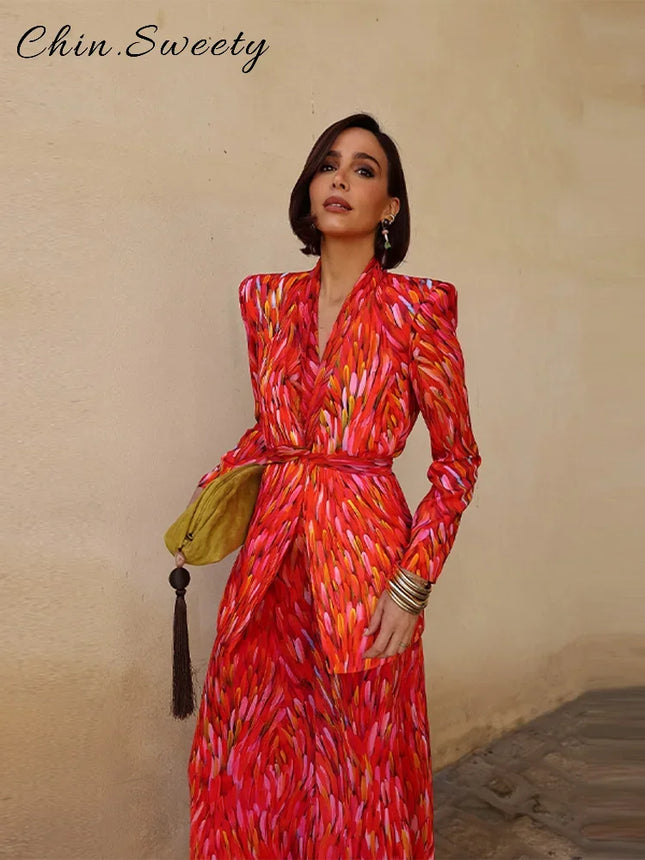 Street Damen Bedruckte Schnürjacken-Hosen-Sets Schulterpolster Langarmmäntel Weite Hosen 2026 Sommer Damen Mode Outfits