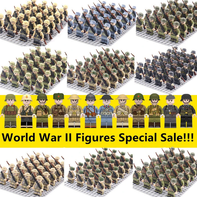 WW2 24pcs/Lot Military Soldiers Building Blocks Set Weapons Soviet US UK China France Army Action Figures Bricks Toys Kids Gifts