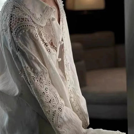 Limiguyue Spring Autumn White Hollow Out Shirt Women Floral Embroidery Blouses French Turn Down Collar Single Breast Tops T097