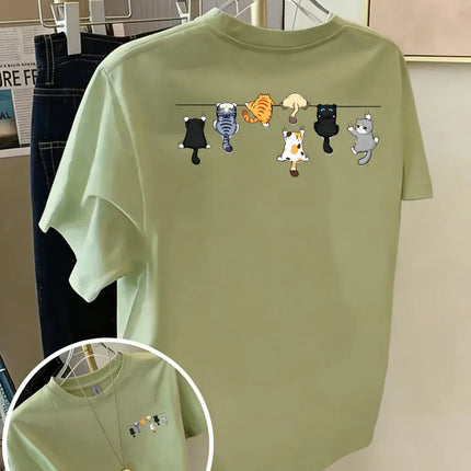 Cartoons Cats Prints T-Shirts Summer Womens Cotton T Shirts Basic O-Neck Oversized Short Sleeve Tops Casual Street Woman Clothes