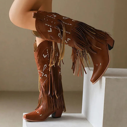 Retro Tassel Embroidered Cowgirl Mid-Calf Women Western Boots Pointed Toe Chunky High Heel Cowboy Cool All-Match Shoes